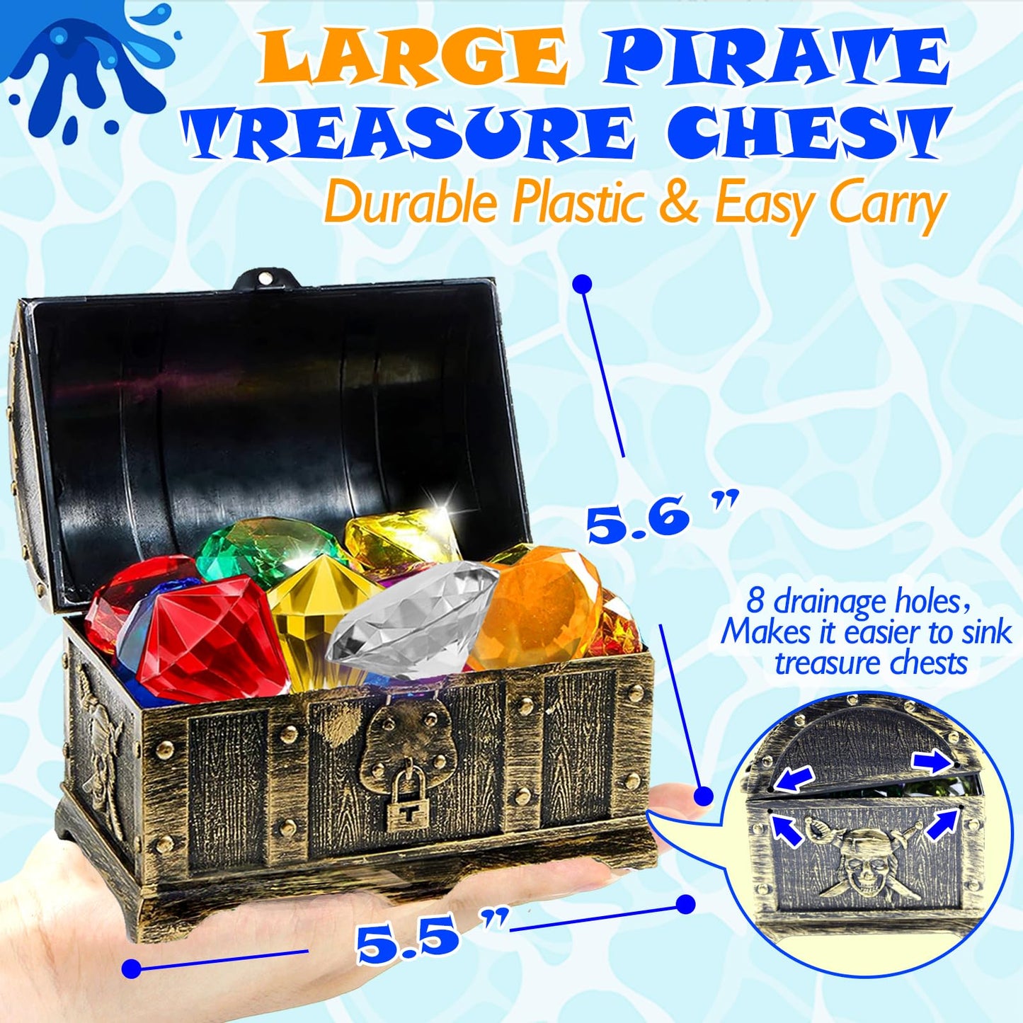 YOULIK Diving Gems Pool Toys incl. Waterproof Games Card Set, 3 Shapes 18 Big Colorful Diamond with Large Pirates Chest, Swim D