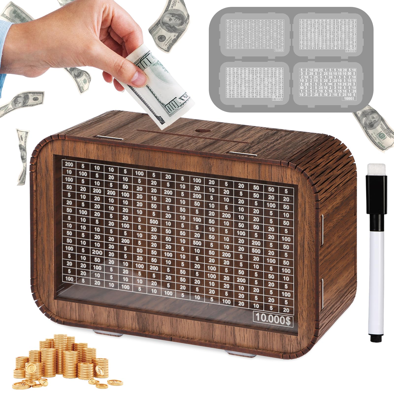 4-In-1 Piggy Bank For Adults Kids - Fully Assembled Wooden Money Saving Challenge Box($1000/$3000/$5000/$10000) - Money Bank Wit