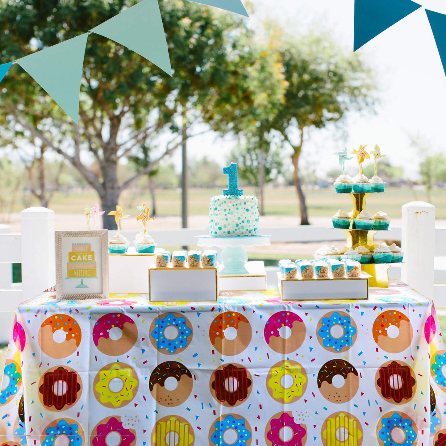 Beyumi 4Pack Donut Party Tablecloth, Rectangular Table Cover For Dining Room Kitchen Decor, Disposable Plastic Picnic Tablecover For Kids Birthday, Donut Theme Party Decoration Supplies, 42.5’’ X 71’’