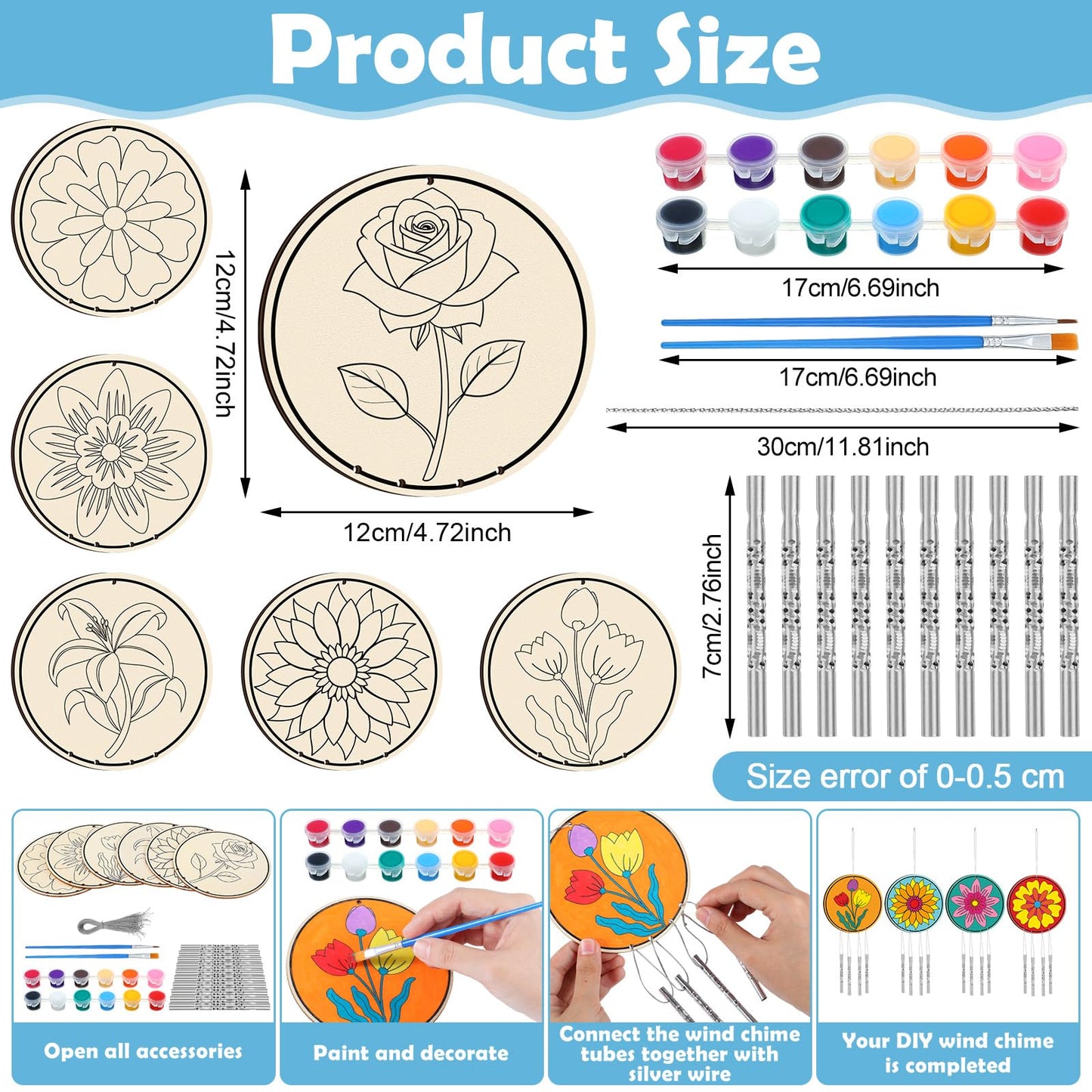 Silipull 24 Sets Flower Wind Chimes Craft for Kids Back to School Color Your Own Windchime DIY Unfinished Wood Hanging Ornament