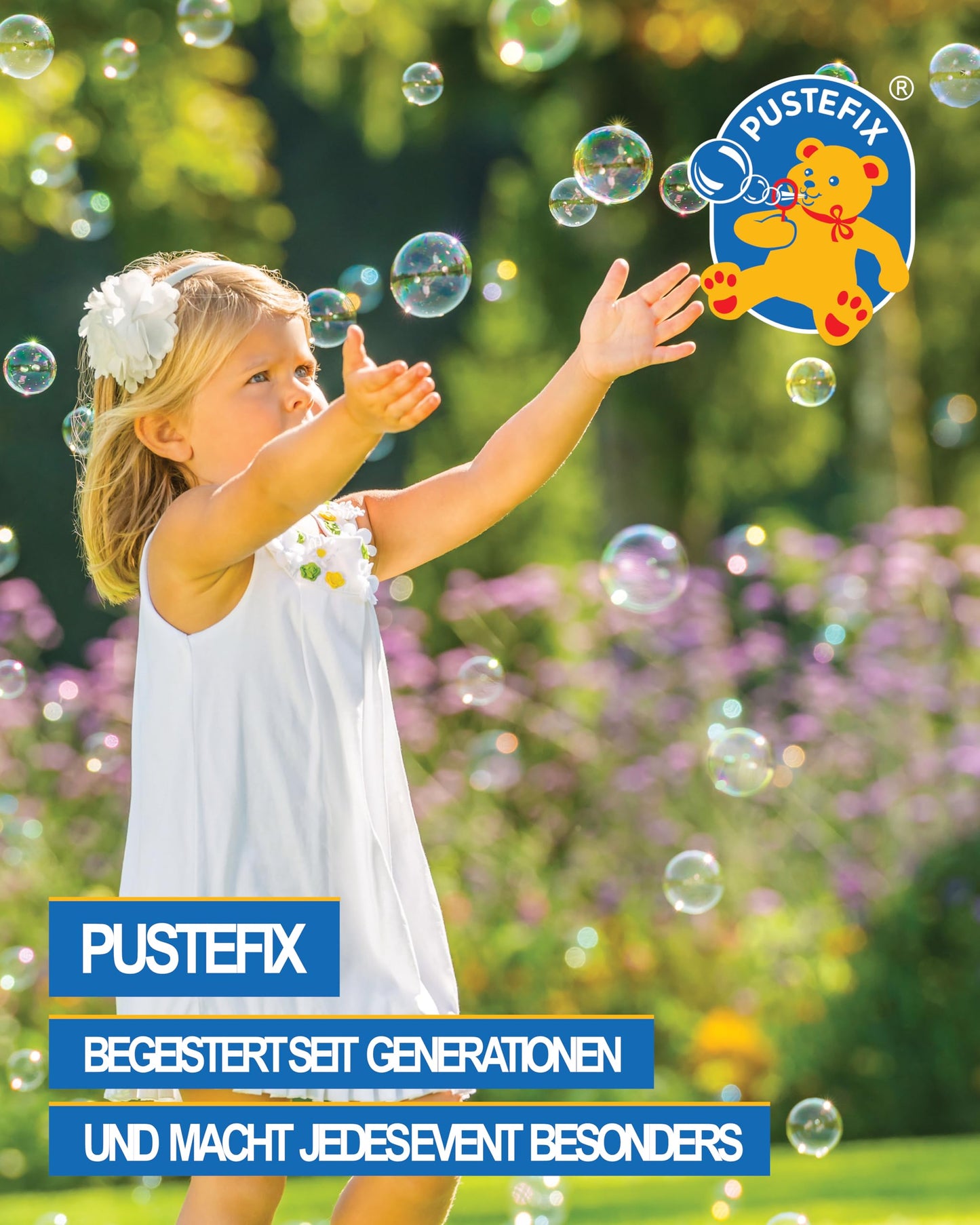 Pustefix Multi Bubble Trumpet Blowing Toy Set - Includes Blower, 8.45 oz Bubbles, Liquid Tray - Multicolor, Model 869-555