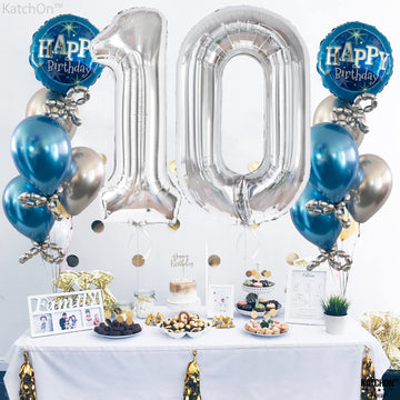 Katchon Silver 10 Balloon, 40 Inch - Birthday Decorations For Boys & 10 Year Anniversary