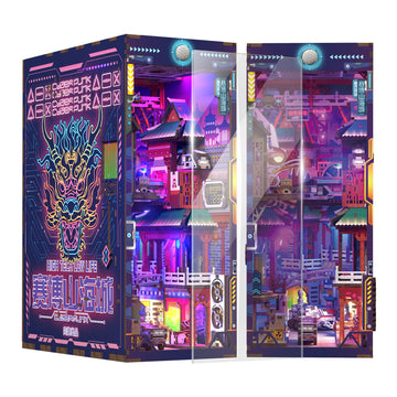 Tonecheer Diy Book Nook Kit For Adults, Wooden 3D Puzzle Bookend Bookshelf Insert Decor, Cyber Punk Booknook Miniature House Kit