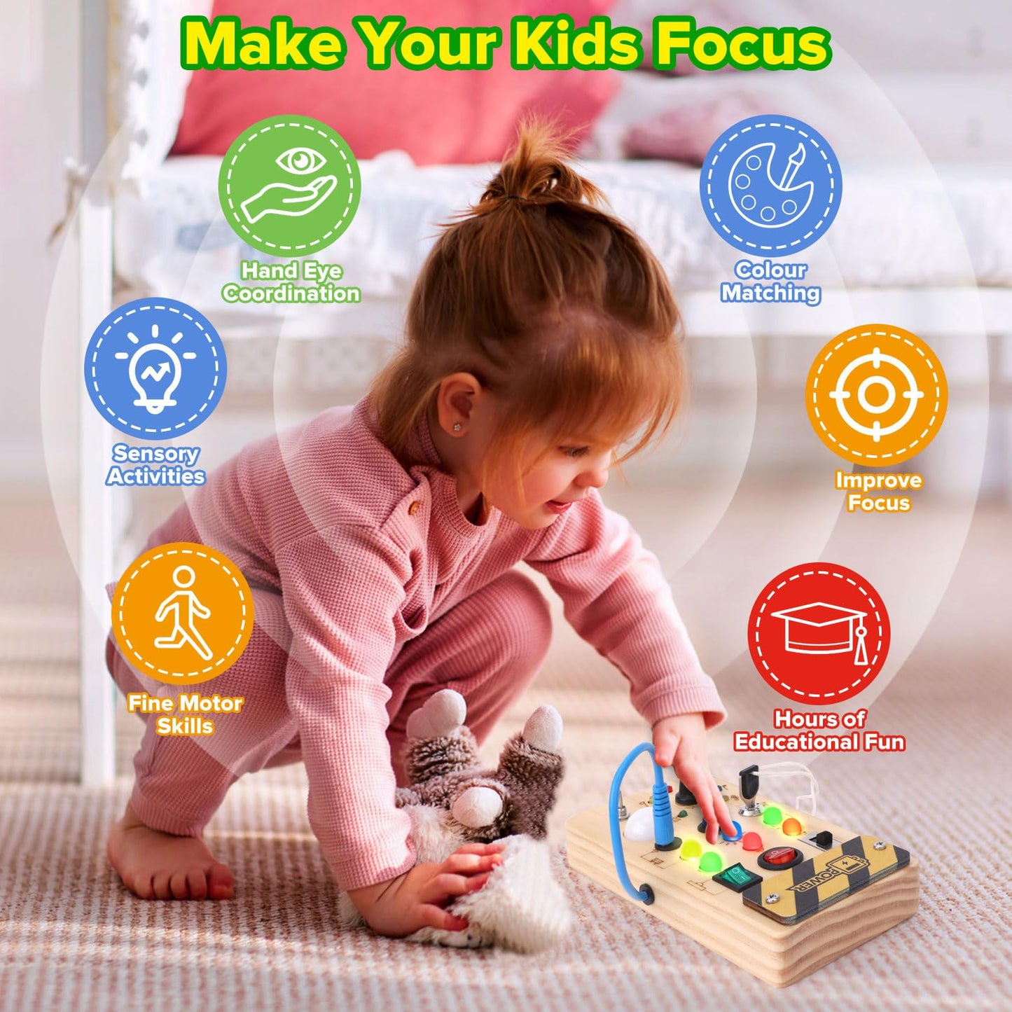 Wakeinsa Montessori Busy Board,Montessori Toys For 1-3 Years Old,Baby Sensory Board,Preschool Learning Activities,Wooden Toys Fo