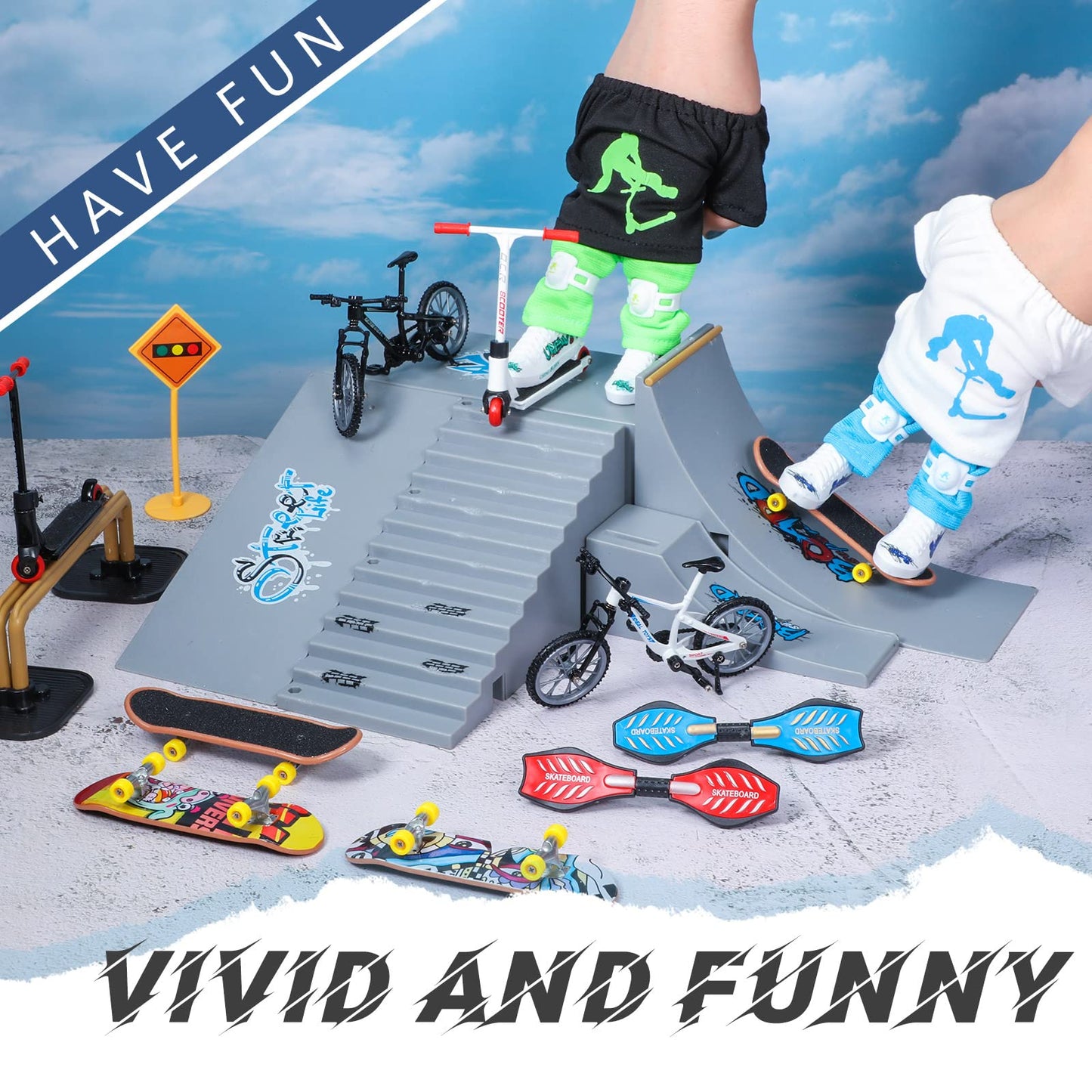 Hanaive 45 Pcs Mini Finger Toys Gift Finger Skateboards Bike Scooter Mini Skate Board Finger Tops Pants Shoes for Boys Girls Party