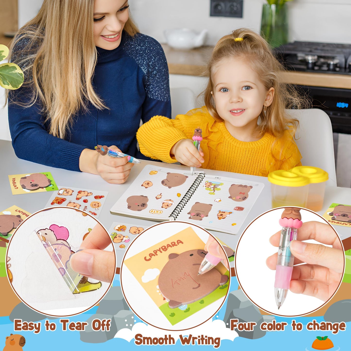 CY2SIDE Capybara Stationery Party Gift - 12 Pack Fun Animal Prizes Set Include 4-in-1 Ballpoint Pens Sticky Note Sticker and Org