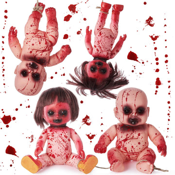 Simgoing 4 Pcs Halloween Creepy Dolls, 10 Inch Bloody Zombie Haunted Dolls, Scary Hanging Ghost Haunted With Rope For Halloween