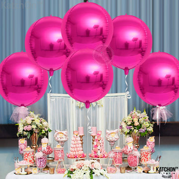 Katchon, Big Hot Pink Balloons - 22 Inch, Pack Of 6 | Round 4D Mylar Hot Pink Foil Balloons | Galentines Balloons For Galentines Day Decorations | Hot Pink Metallic Balloons For Pink Party Decorations