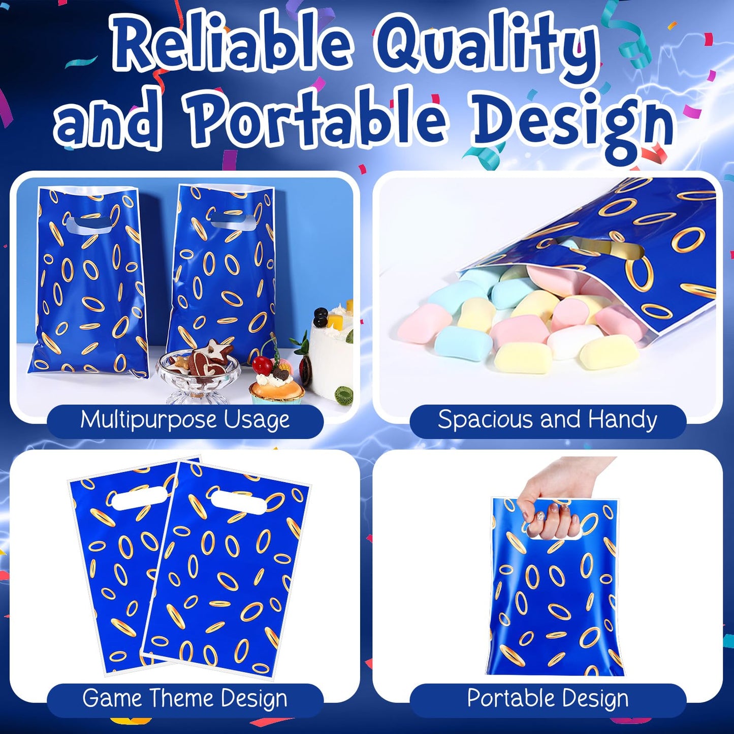 Faccito 40 Pcs Video Game Party Favors Bags Blue with Gold Ring Print Themed Goodie Bags Candy Snack Treat Plastic Supplies for