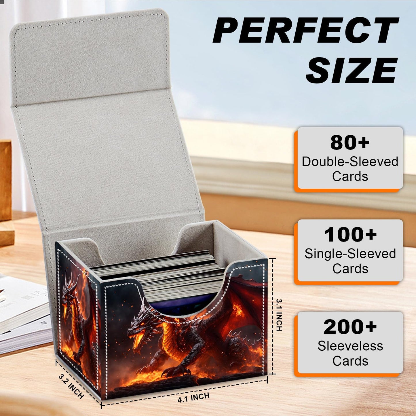 Card Game Storage Box TCG Deck Box MTG Card Box Organizer Trading Card Case Commander Deck Box TCG Card Storage Box Magnetic Closure Creative Pattern Up to 200 Cards  The Fire Dragon On The Rock