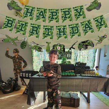 Zwiebeco Birthday Party Decoration Supplies - Green Camo Happy Birthday Banner Sign Hanging Green Paper Bunting Garland Banner F