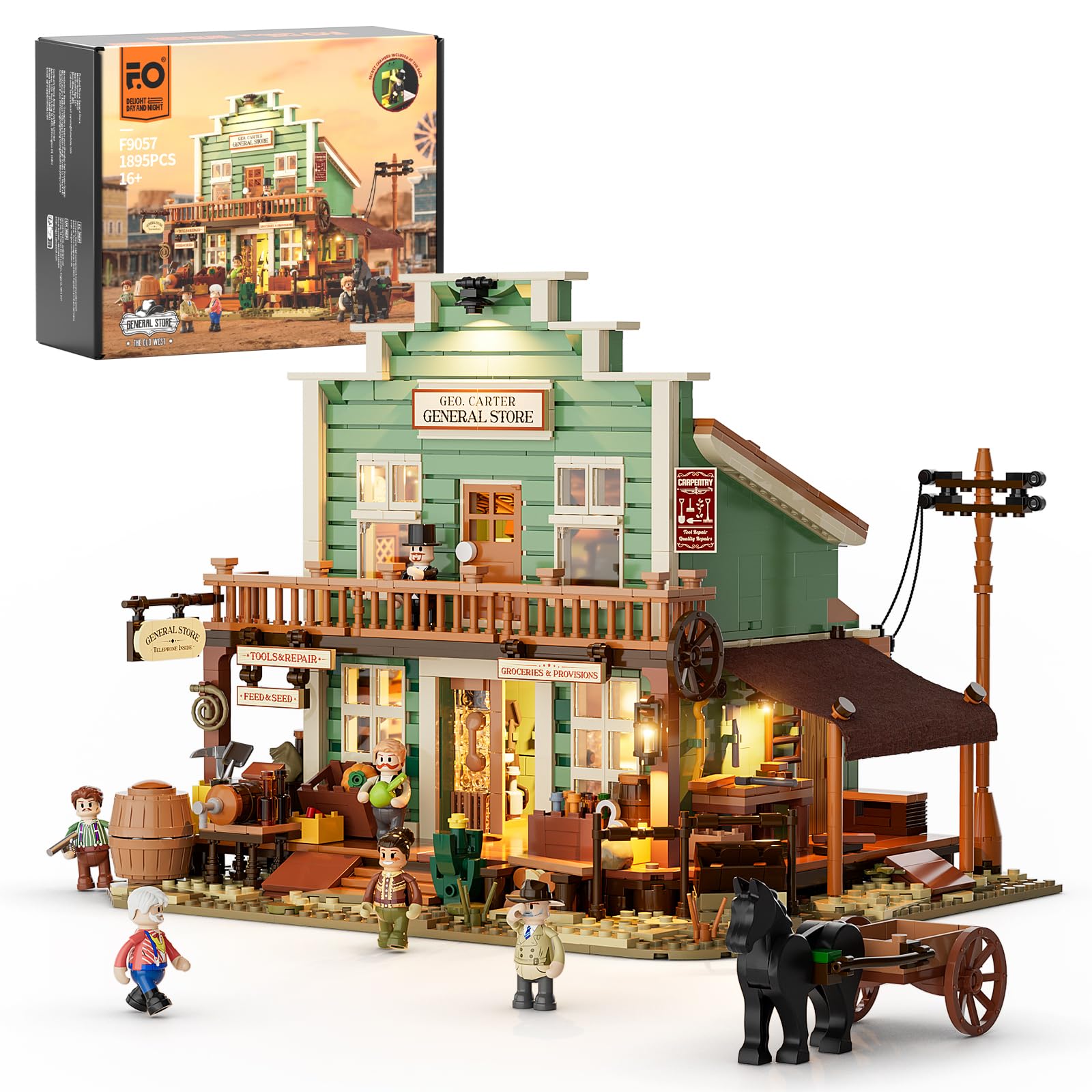 Funwhole Western General Store Lighting Building-Bricks Set - 1895 Pcs The Old West Town Collection Display Set For Adults And West Lovers