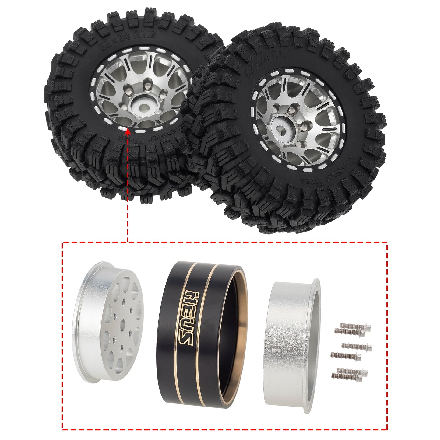 Meus Racing 1.2 Beadlock Wheels Tires Set Brass Rim For Trx4M Scx24 Fcx24 Ax24 1/24 1/18 Rc Crawler Car, Negative 4Mm 42G (Silve