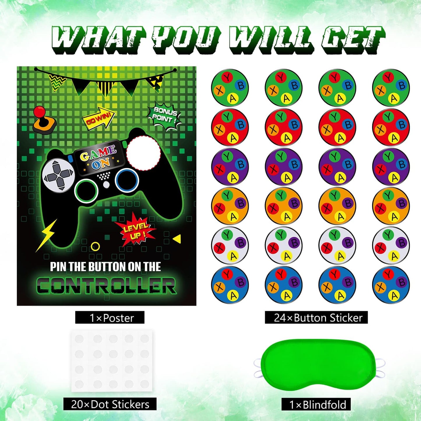 WERNNSAI Pin The Button Video Game Party Game - 21"x28" Poster with 24 Reusable Stickers for Kids Birthday Party Supplies