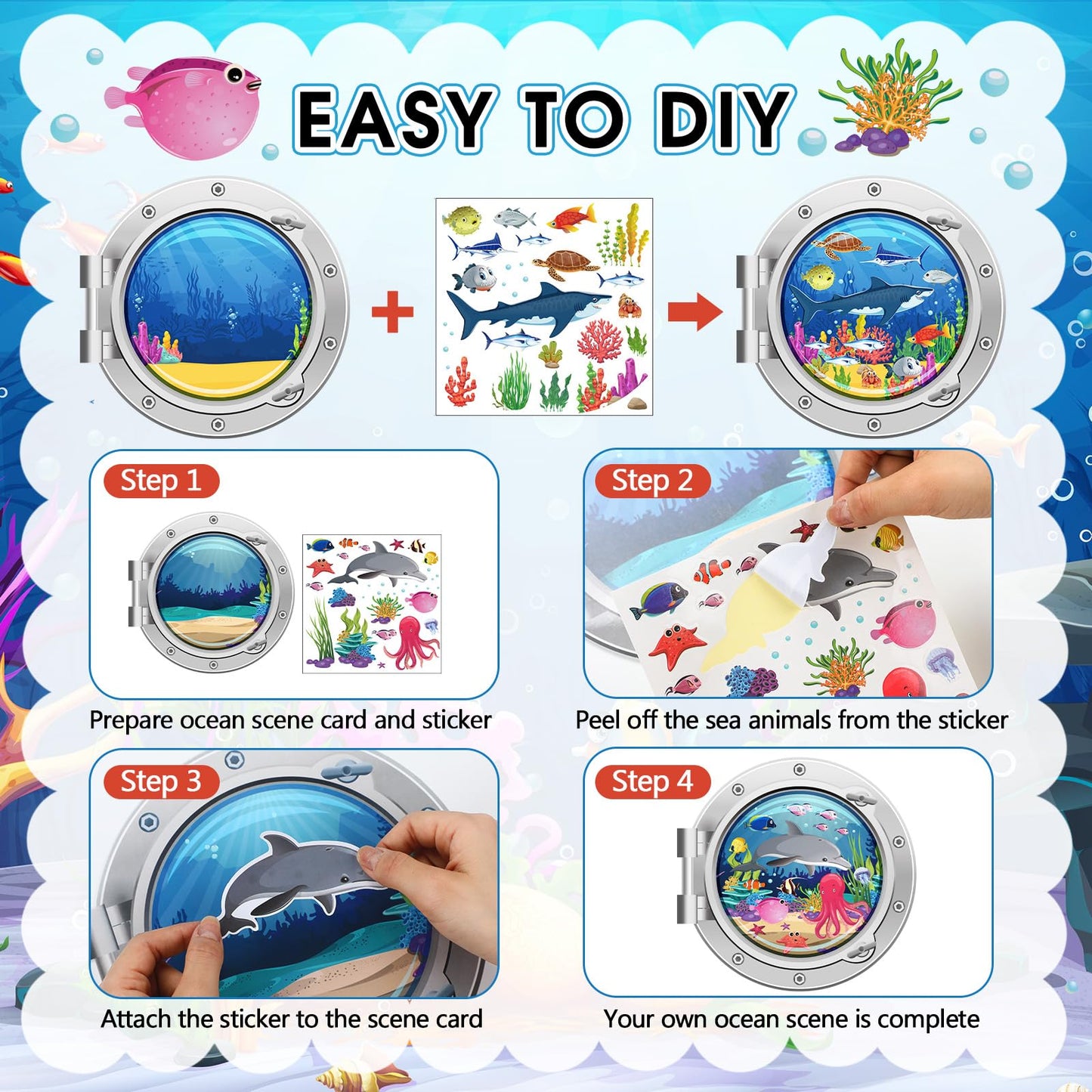 Frienda 48 Set Summer Craft Kit Cruises Under The Sea Sticker Crafts Bulk DIY Ocean Sea Animals Scene Stickers Shark Clown Fish