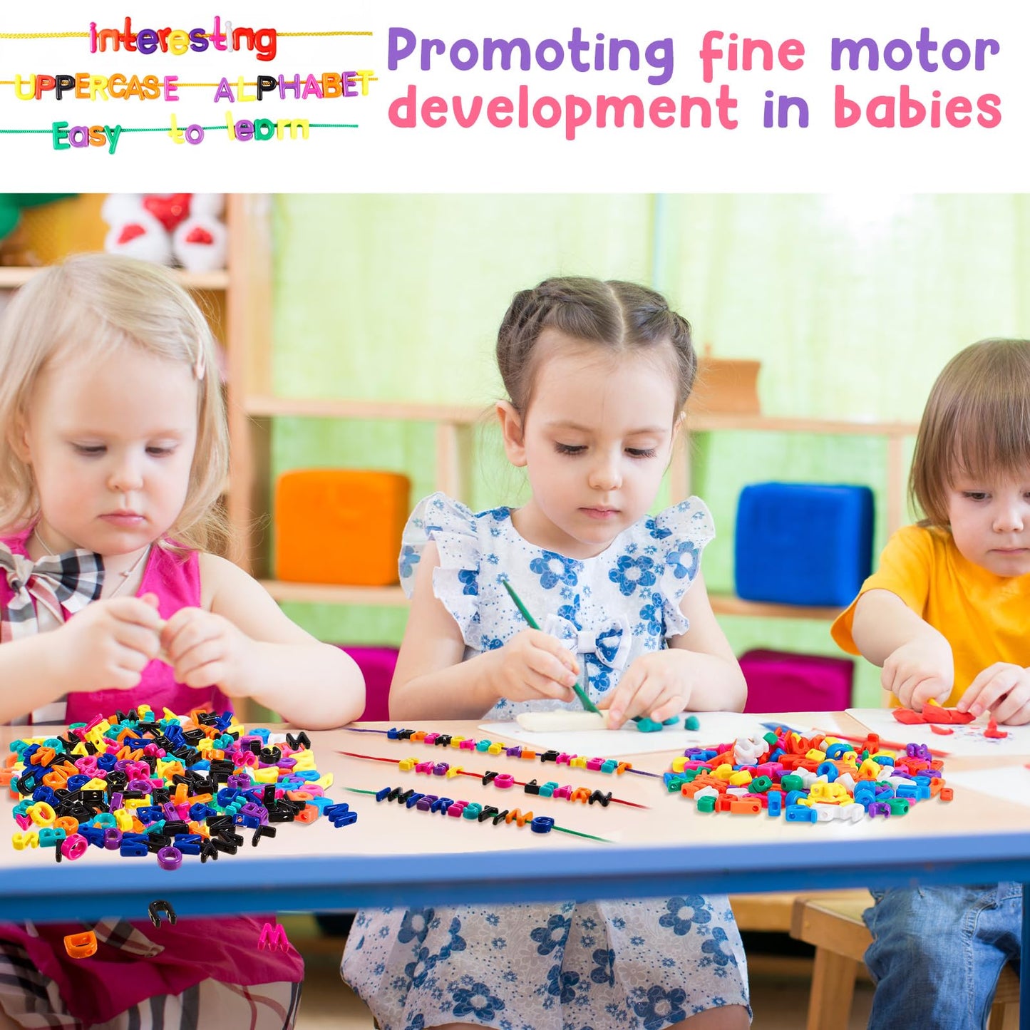 Wesiti 408 Pcs Lacing Letters Alphabet Learning Toys Toddler ABC Alphabet Beads Lacing Toy Fine Motor Skills Toys for Preschool Games Homeschool Supplies Early Spelling (Lowercase Uppercase Letters)