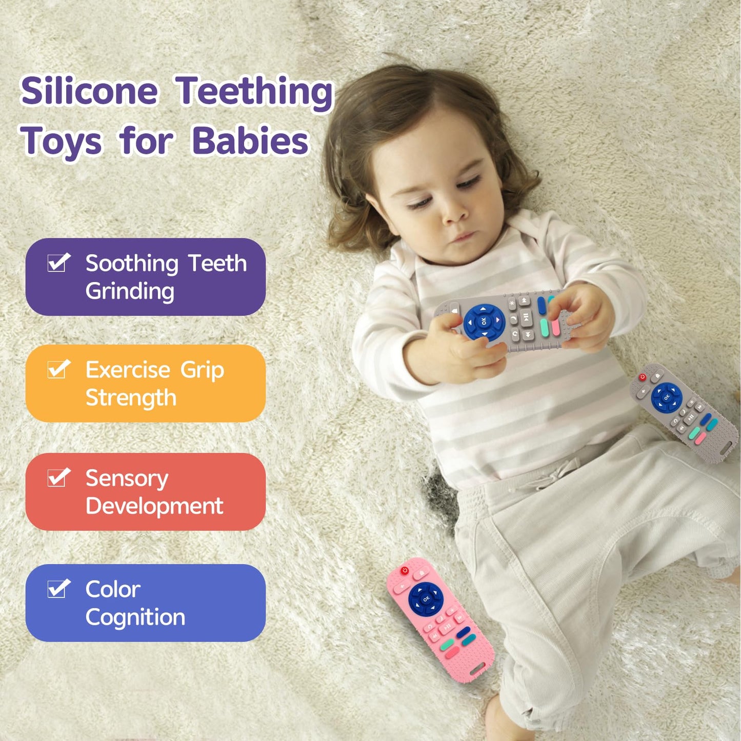 Hooku 2 Pack Silicone Teething Toys For Babies 0-6 Months, Teethers For Babies 6-12 Months, Remote Teether For Baby, Sensory Toy