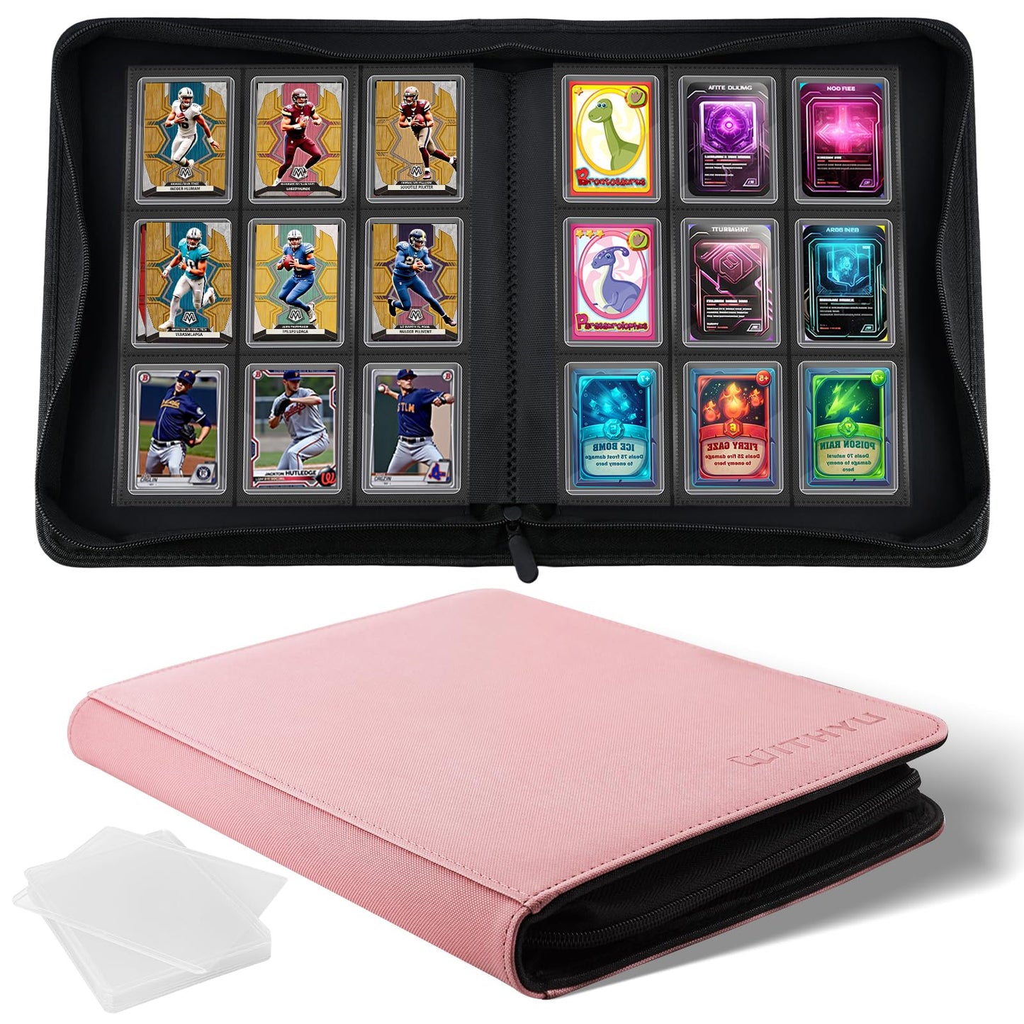 WITHYU Toploader Binder Holds 360 Top Loaders  9 Pocket Ringless Card Holder for 3 x 4 Rigid Cards  Trading Card Album with 20 Toploaders for Sports  TCG  MTG (Pink)