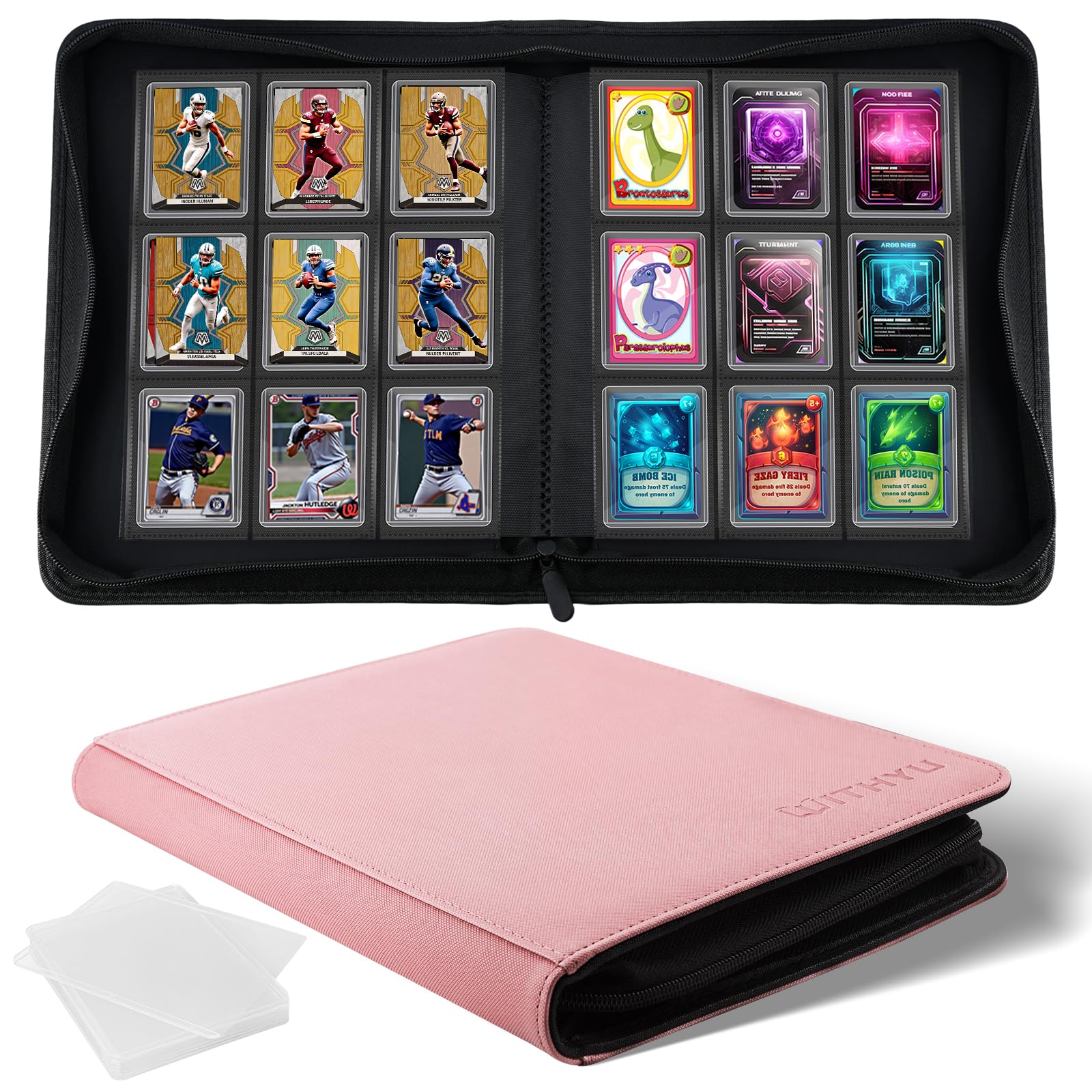 WITHYU Toploader Binder Holds 360 Top Loaders  9 Pocket Ringless Card Holder for 3 x 4 Rigid Cards  Trading Card Album with 20 Toploaders for Sports  TCG  MTG (Pink)