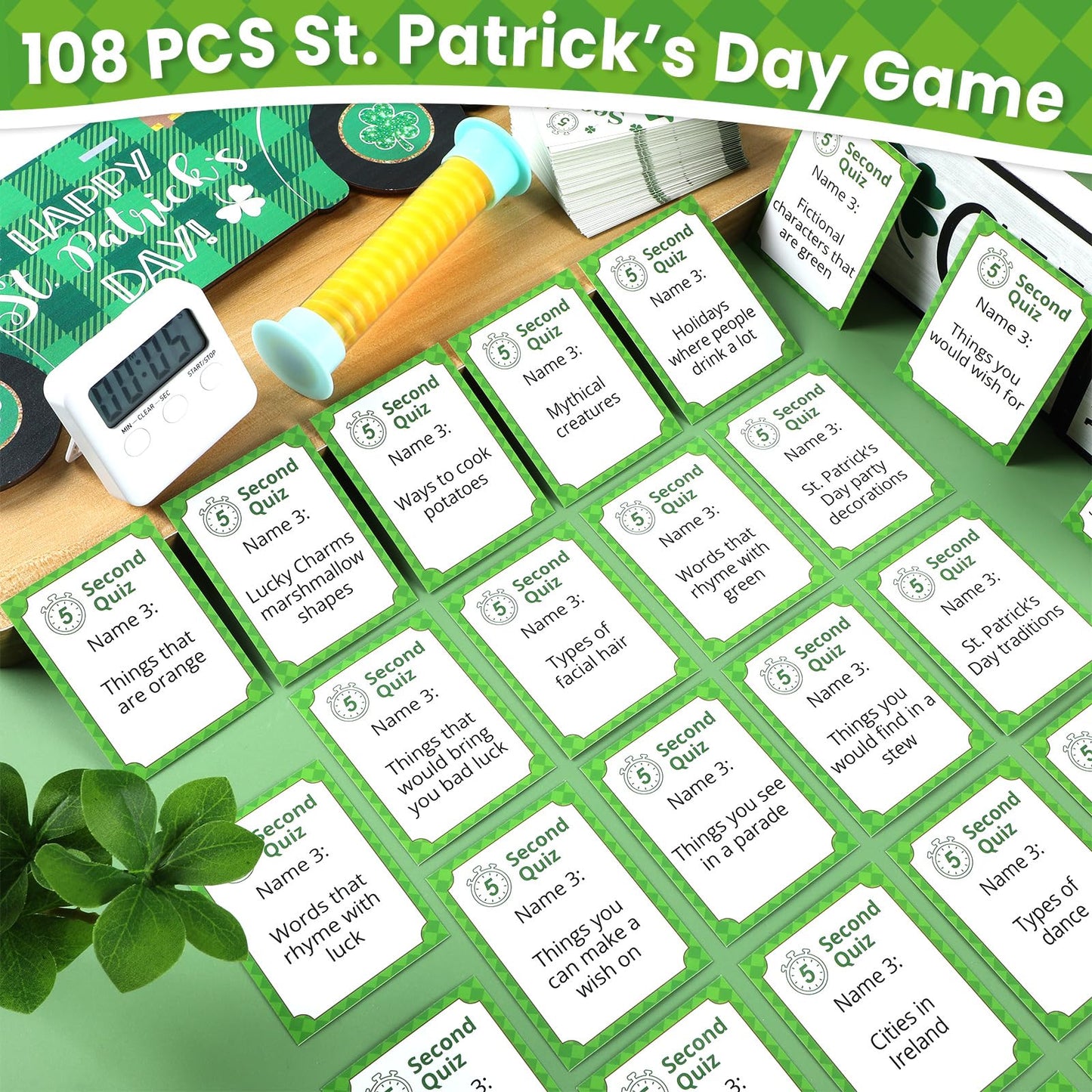 gisgfim St. Patrick's Day 5 Second Game 108 Simple Question Cards Digital Timer and 5 Second Hourglass Question Card Game for mature-themed Family Party Travel Night Sleepover Think Fast and Shout Out Answer