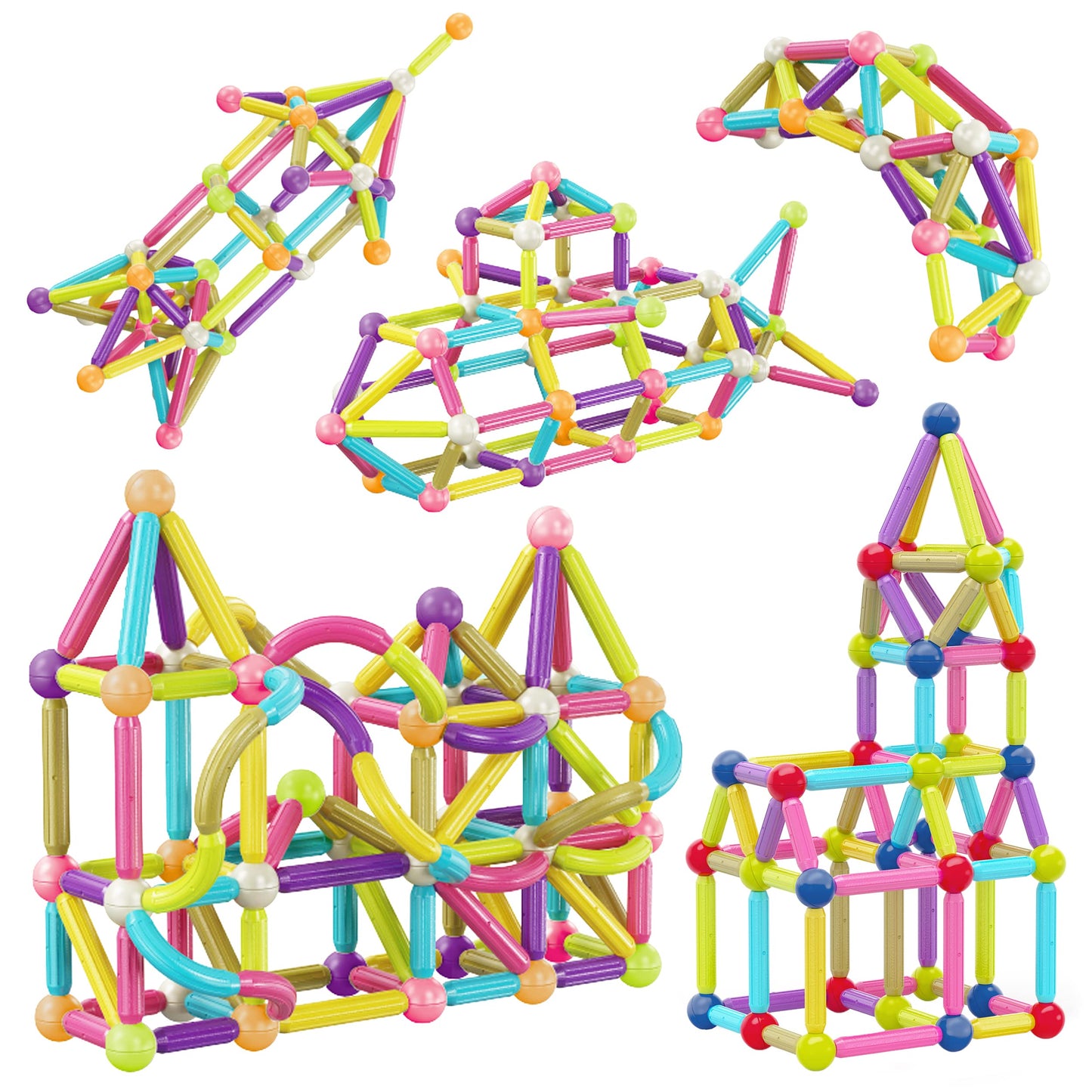 Picassotiles 100 Pcs Magnetic Building Stick Block Construction Set With Storage Bin Colorful Stem Toy Blocks Bar Balls & Rods M