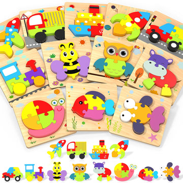 Wooden Puzzles Toddler Toys For 1 2 3 Years Old Boys Girls, 12 Vehicle Shape Learning Educational Blocks Birthday Gifts Sensory 