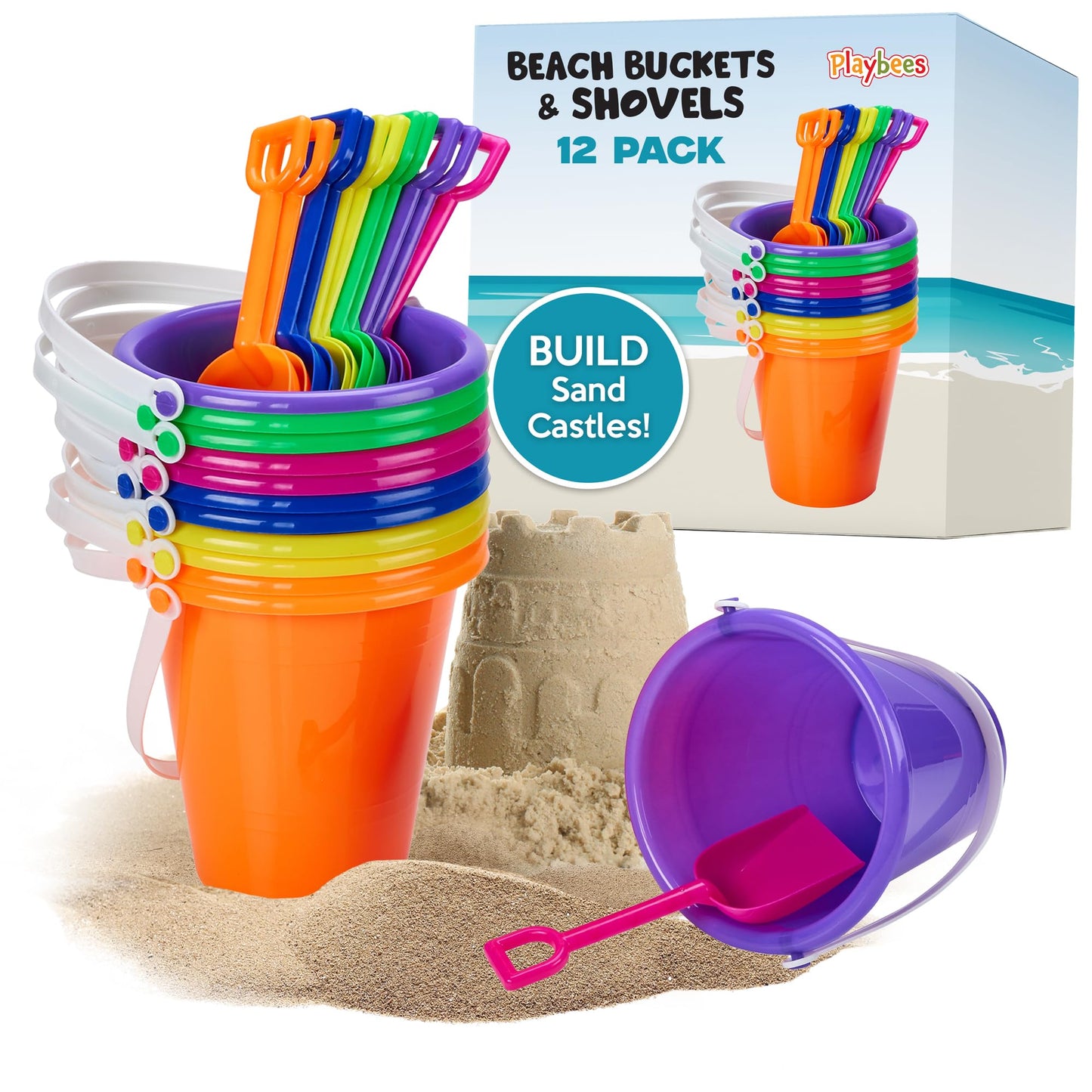 Beach Pail and Shovel Toy Set for Toddler 1-3 Includes 6.75 Inch Colorful Plastic Beach Buckets and Shovels for Sand Castle Buil