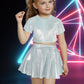 Happy Cherry 2Pcs Kids Girls Shiny Metallic Short Sleeve Crop Top With Pleated Skirt Set Dancewear Performance Costumes Silver 1