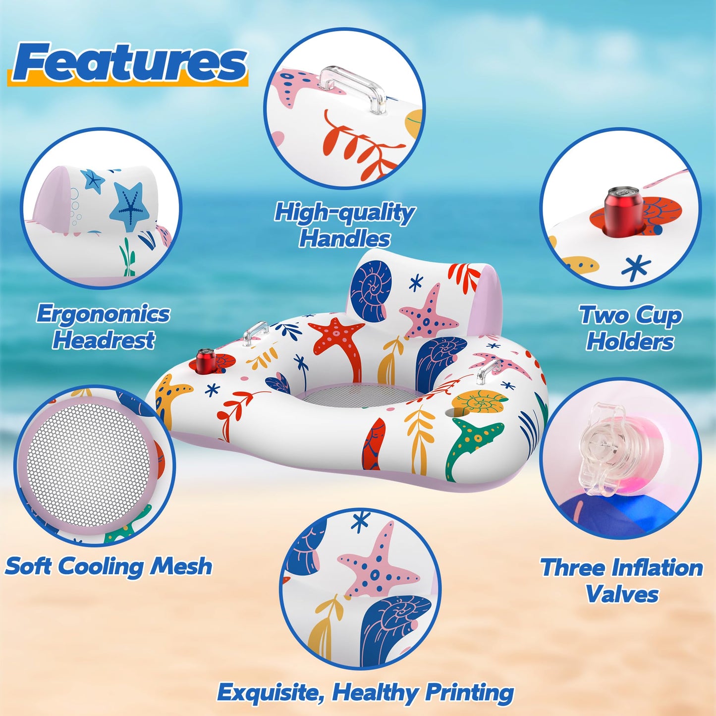 CACSPS Inflatable Pool Floats mature-themed  2 Pack Floating Lounge Chairs with Cup Holders  Heavy Duty Blow Up Pool Floats Chair for Summer Water Fun  Beach  Lake  or Pool Party (Blue+Pink)