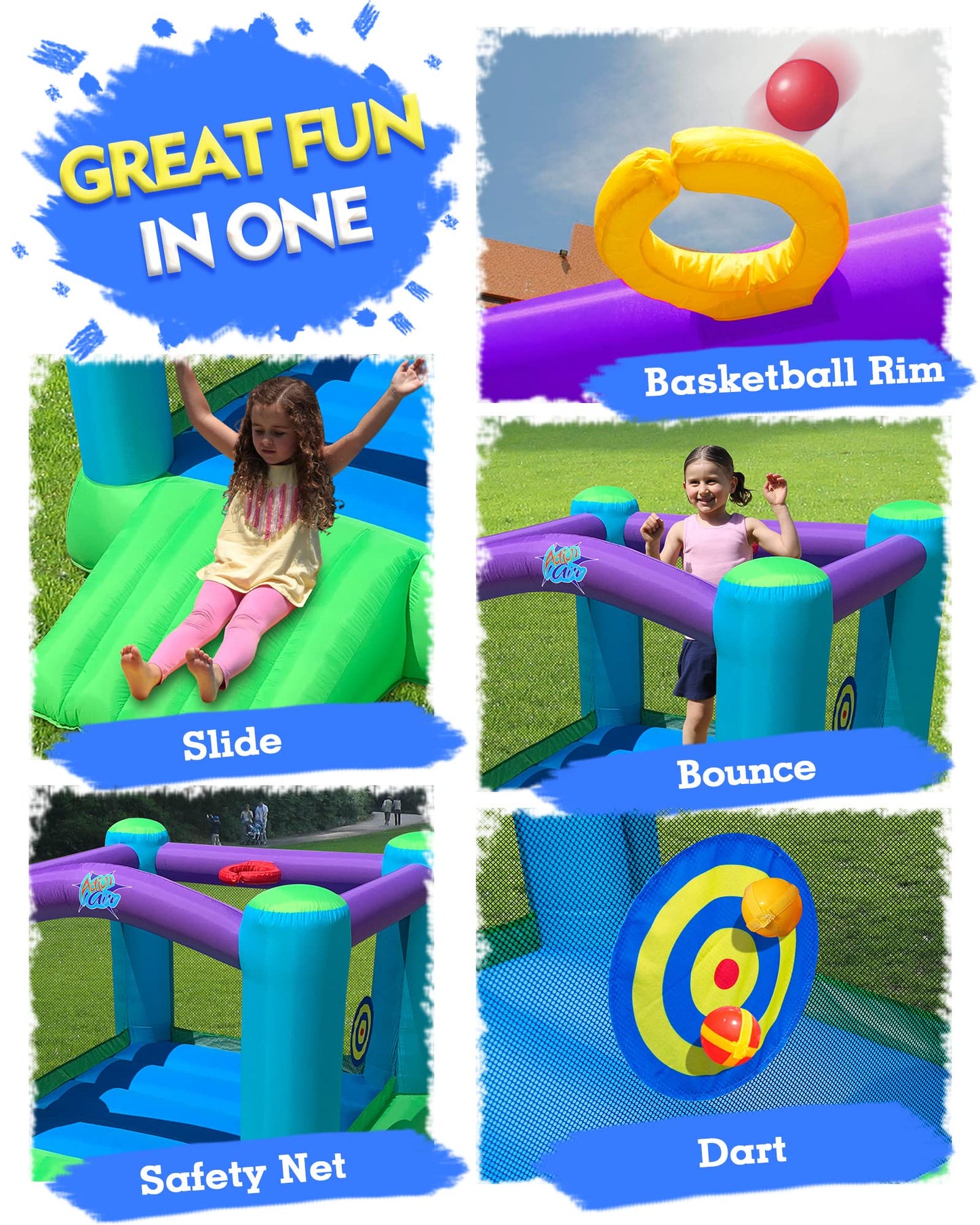 Action Air Bounce House - Inflatable Bouncing House with Blower for Indoor & Outdoor - Jump Bouncy Castle with Slide - Durable S