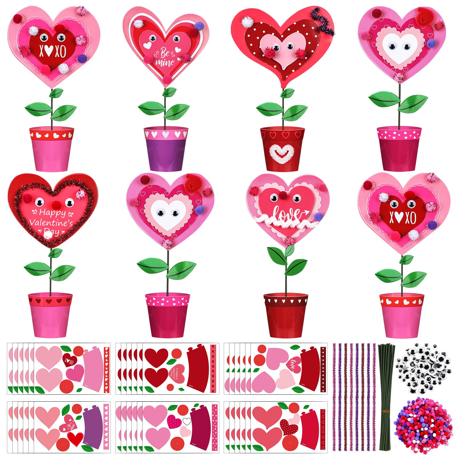 VioraWhite 36 Set Valentines Day Flower Pot Craft Kit Make Your Own Standing Flowers Heart Flowers Pot Crafts DIY Paper Flower 