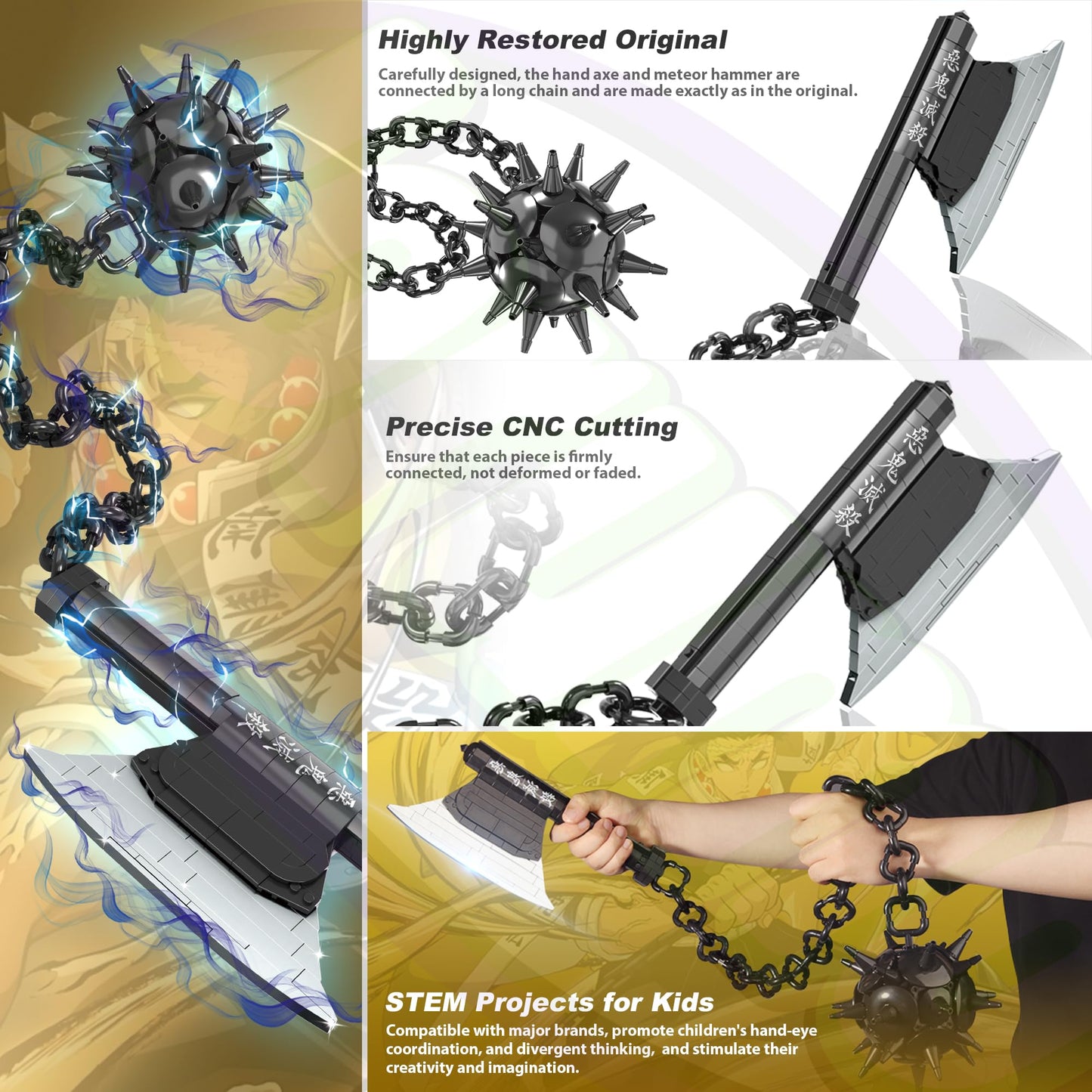 Jorumo decorative replica blades Building Sets for mature-themeds  42in Himejima Gyomei Axe & Meteor Hammer Building Block  Anime decorative replica blade Building Toy Katana Gift  826 Pcs