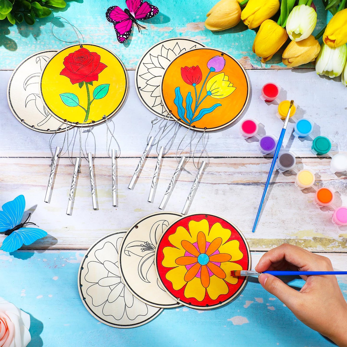 Silipull 24 Sets Flower Wind Chimes Craft for Kids Back to School Color Your Own Windchime DIY Unfinished Wood Hanging Ornament