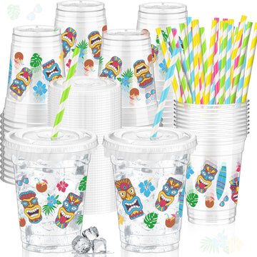 Foldtier Hawaiian Party Decorations Cups 12 Oz Luau Party Decorations Plastic Cold Drinks Cups Tiki Cups Clear Disposable Cups W