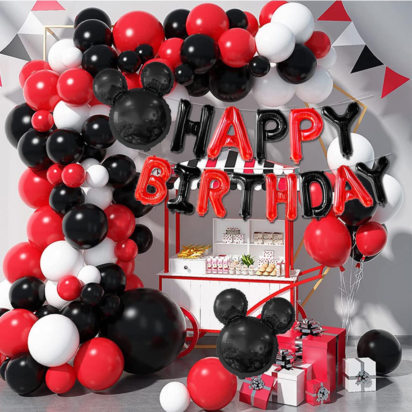 16 Inch Red Black Happy Birthday Balloons Letters Banner & 2Pcs Mini Mouse Head Balloons Cartoon Mouse Birthday Party Supplies R