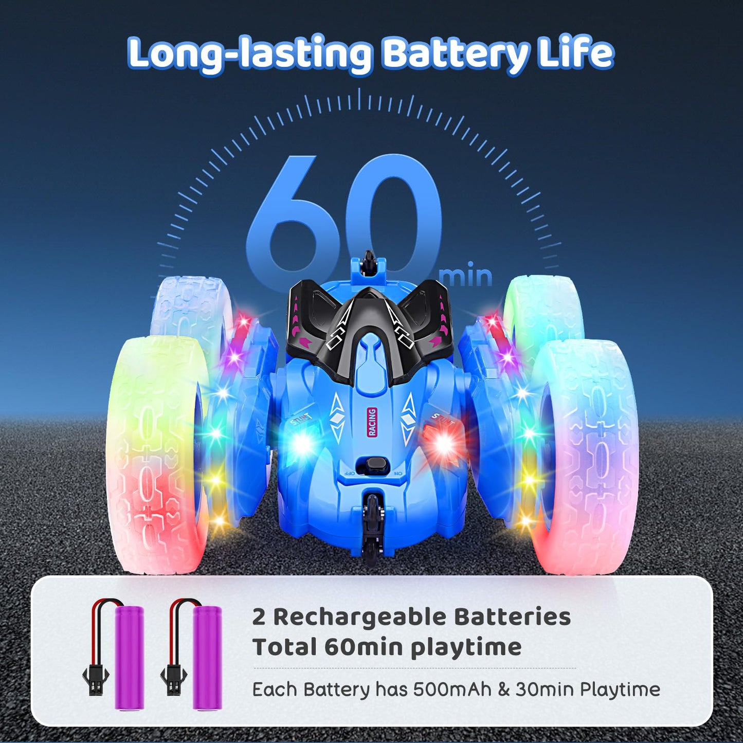 SGILE Remote Control Car, Stunt Car with Sides Light Strip and Headlights, 2.4Ghz Double Sided 360 Flips Rotating Race Car, Rech