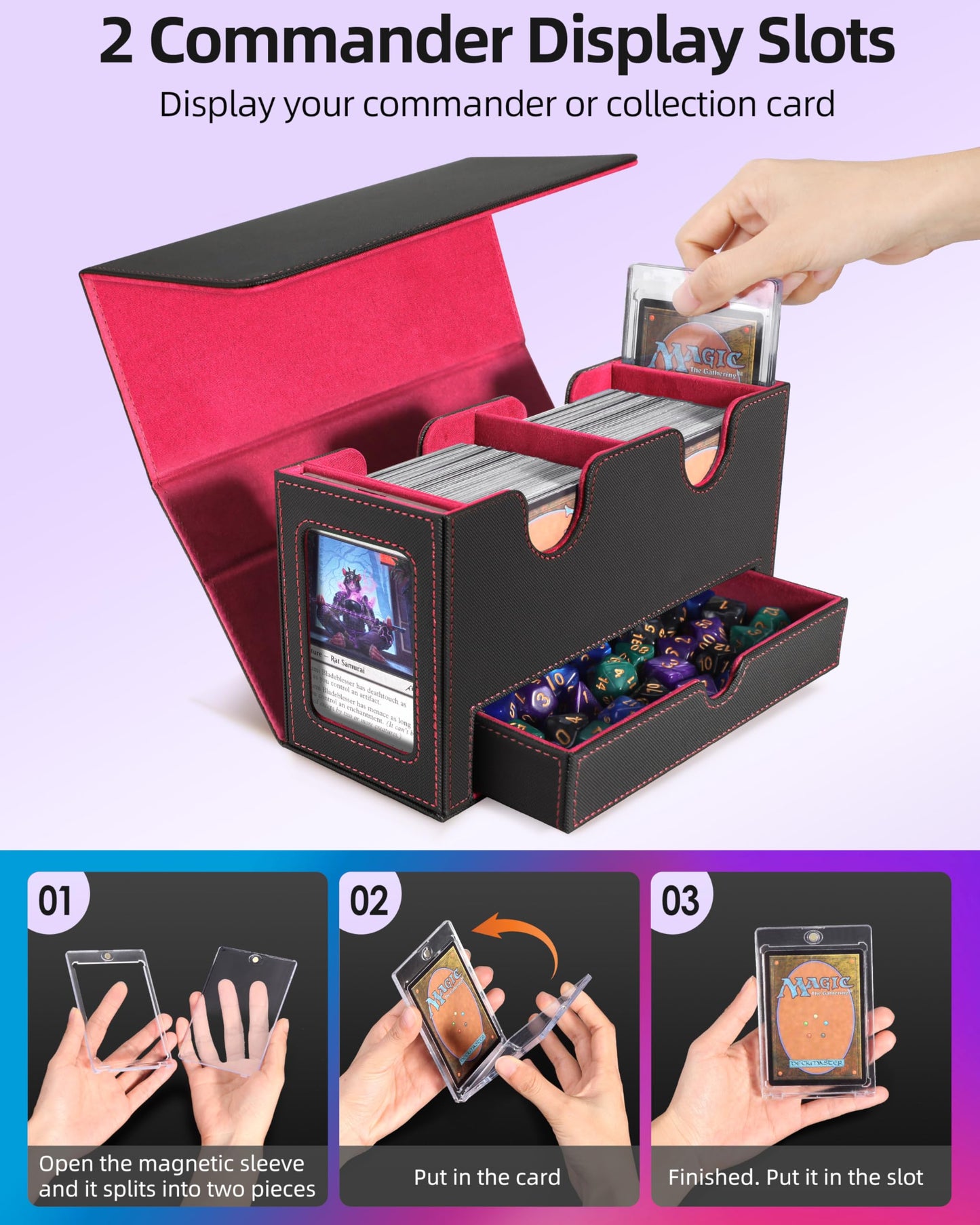 MTG Deck Box, MTG Commander Card Deck Box with Commander Display, Fits 320+ Single Sleeved, Double Card Storage Box with Dice Tr