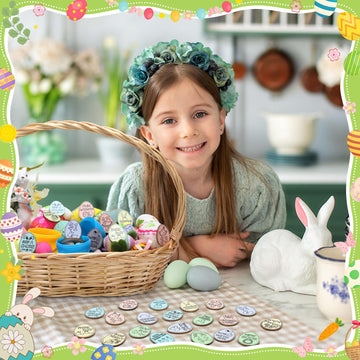 124 Pcs Easter Egg Tokens Set Includes 120 Pcs Wood Easter Reward Tokens with 20 Different Engraved Sayings 4 Pcs Organza Bags E