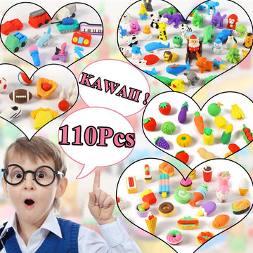 Urskytous 110Pcs Animal Erasers Kids Pencil Erasers Desk Pets Puzzle Erasers Bulk Mini Animal Food Erasers Toys Eraser Prizes Fo