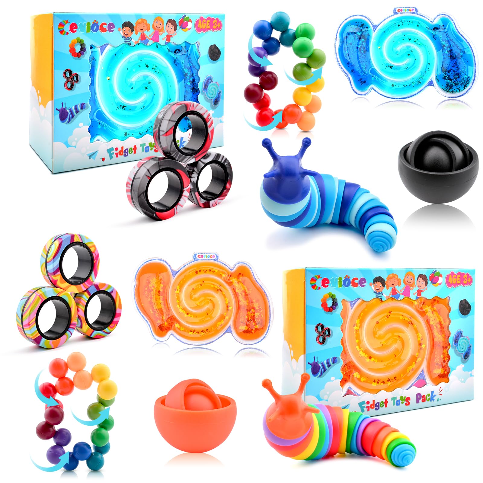 Cevioce 10Pcs Fidget Toys Adults Pack,Stocking Stuffers For Teens Boys Girls,Autism Sensory Toys With Fidget Spinner Slug Magnetic Rings,Squishy Fidget Toys Adhd Stress Relief,Party Favor For Kid-Bo
