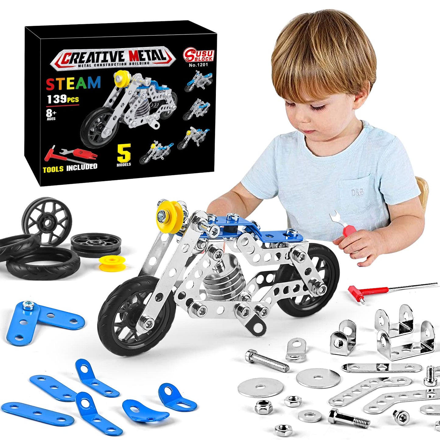 Ferthor Fun Erector Set Motorcycle Stem Building Projects Toys for Kids 8 9 10 11 12+ Year Old Metal Building Construction Model kit  5 in 1 Motobike Building Blocks Steam Educational Toys(139PCS)