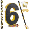 PCFING 20 Inch Number 6 Piata Gold Black with 30 Inch Piata Stick Blindfold Confetti for Man Women Kids Birthday Party Decoratio