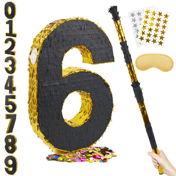 PCFING 20 Inch Number 6 Piata Gold Black with 30 Inch Piata Stick Blindfold Confetti for Man Women Kids Birthday Party Decoratio