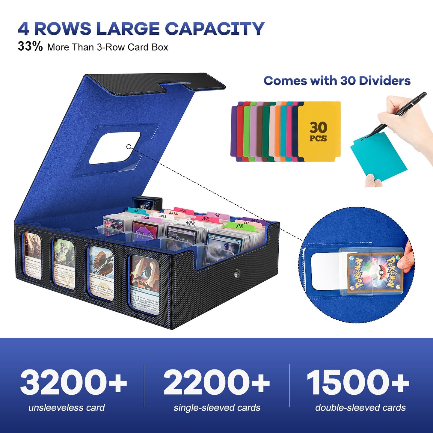 Gomyrod 3200+ Trading Card Storage Box - 4-Row TCG Box, Faux Leather, Black & Blue, Includes 30 Dividers & Dice Tray, Model SN19BD