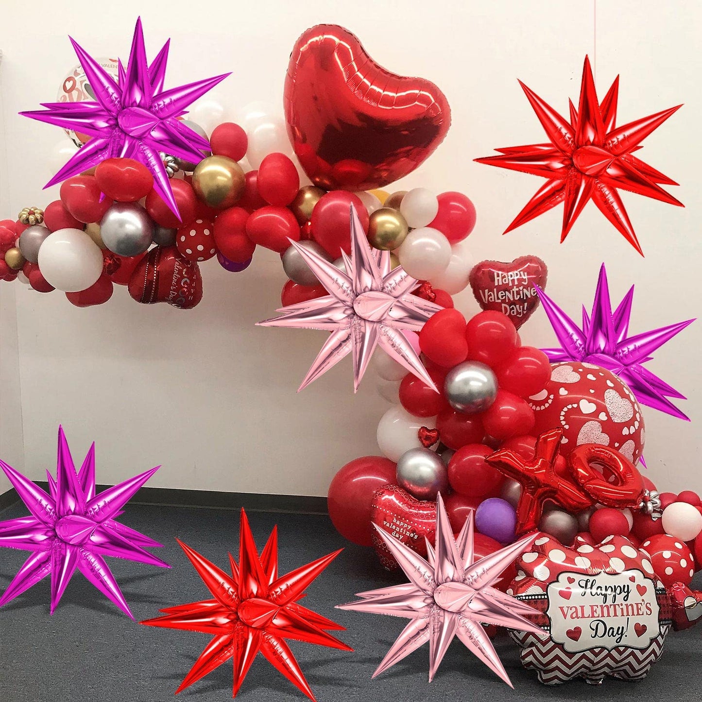 72 Pcs Pink Red Rose Gold Star Balloons, Big 26 Inch Explosion Starburst Foil Cone Balloons, Valentines Day Theme Balloons, 12 P