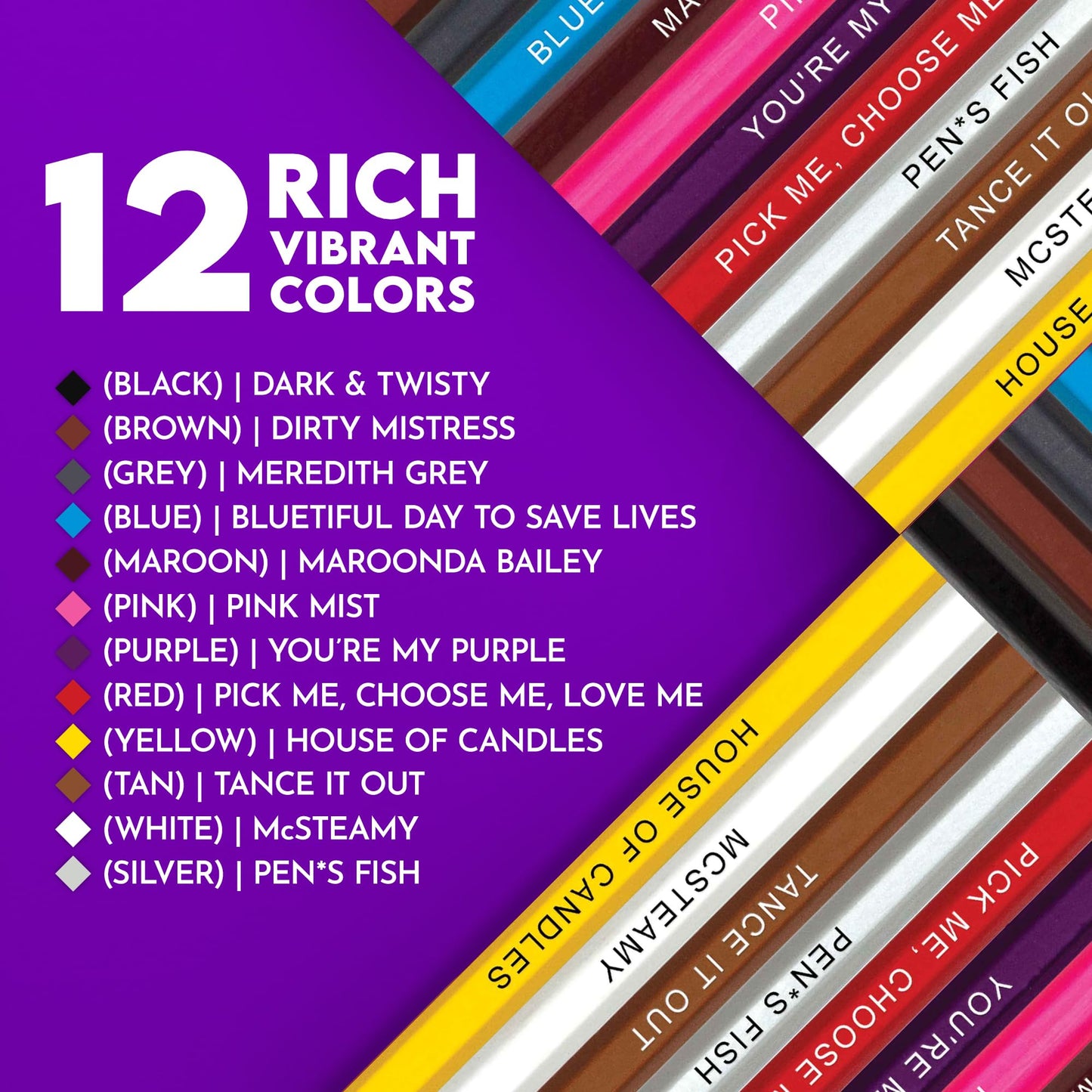 Pun Labs Greys Anatomy-Inspired Colored Pencils Set for Adults - 12 Drawing Pencils with Foil-Stamped Names - Greys Anatomy Gi