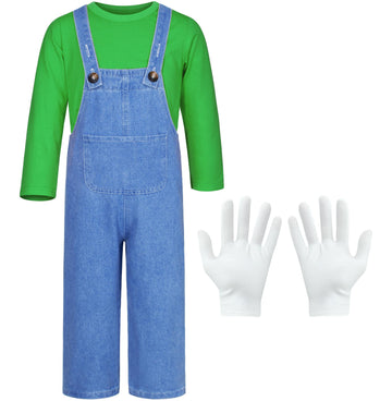 Mavoka Plumber Costume For Kids Shirt Overalls Glove Boys Halloween Party Cosplay 6-7 Years Green