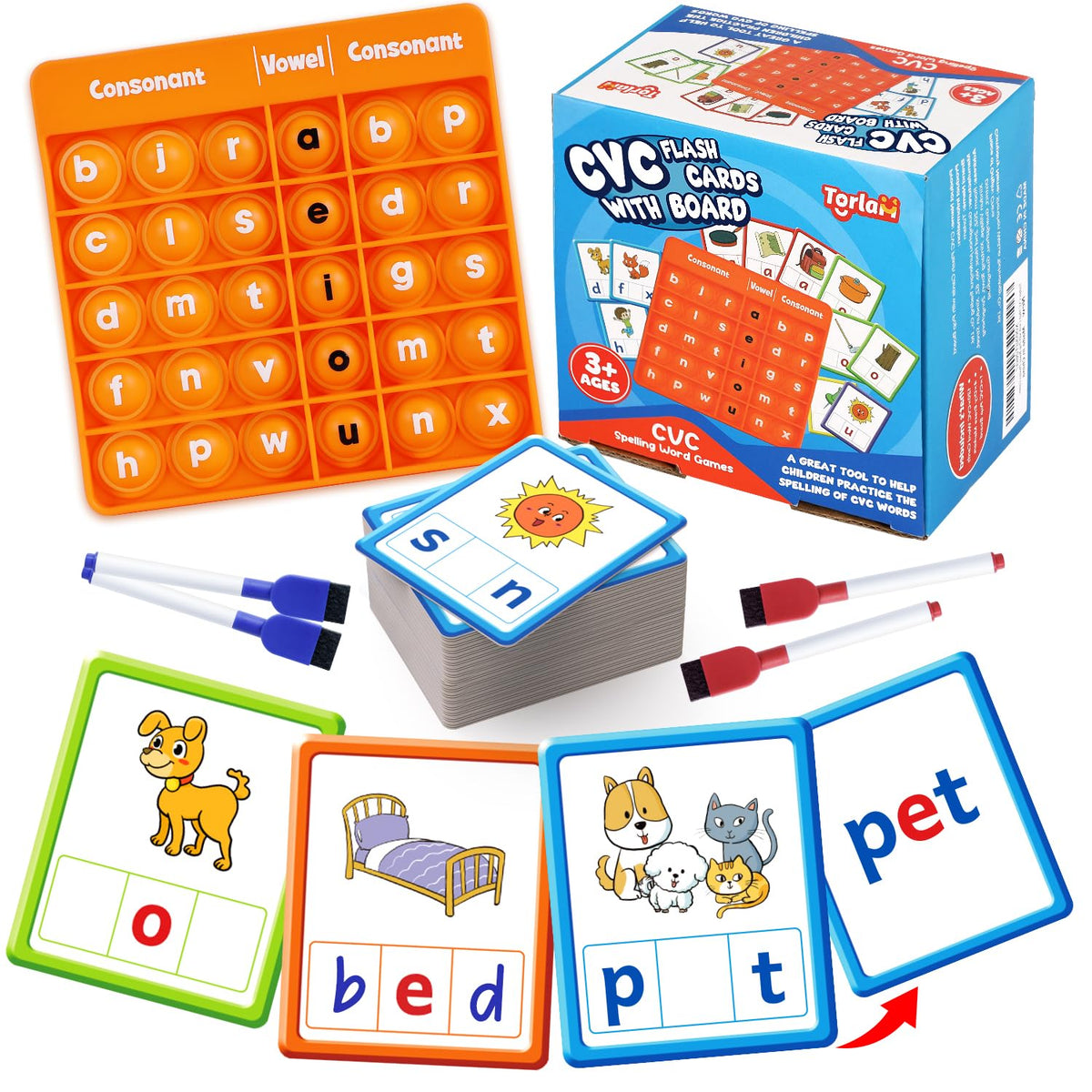 Torlam CVC Word Games Phonics Games Sight Words Flash Cards, Spelling Reading Learning Flashcards, Fidget Pop Board Speech Thera