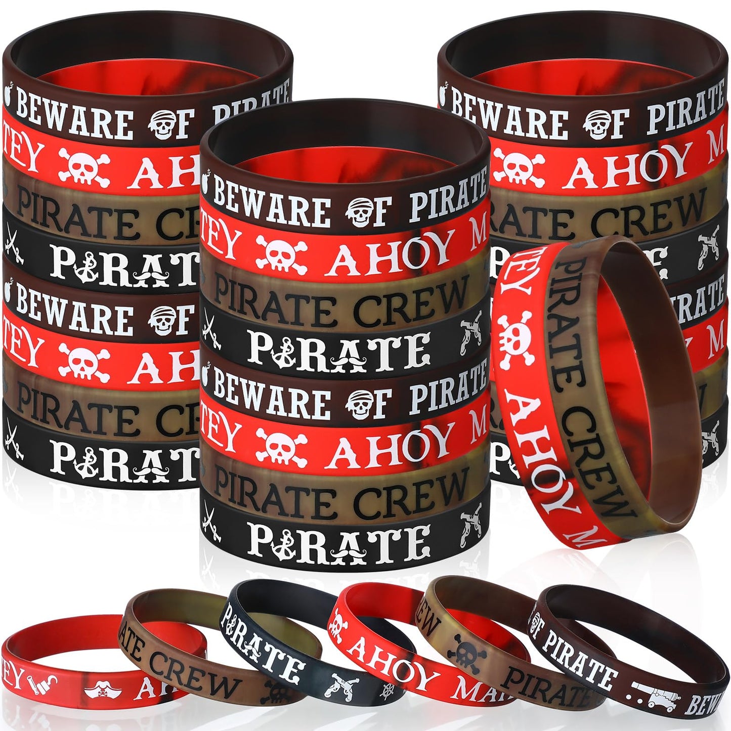 Capoda 48 Pcs Pirate Silicone Bracelets Ahoy Matey Caribbean Rubber Wristbands Skull Pirate Ship Party Favors for Girls Boys Bir