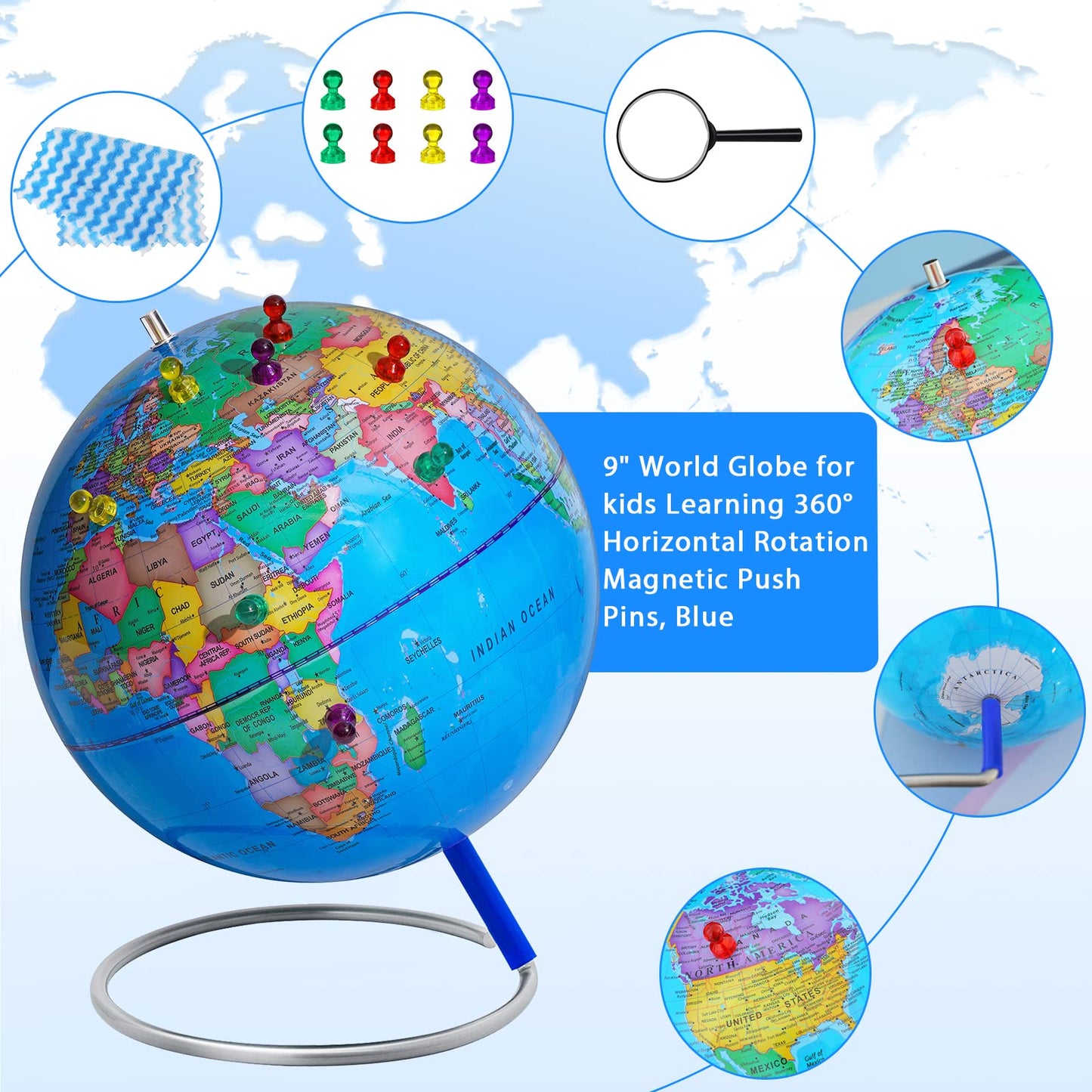 9'' World Globe For Kids Learning, Classroom Desk, Geographic Globe With Iron Stand & Colorful Magnetic Push Pins & Magnifier &